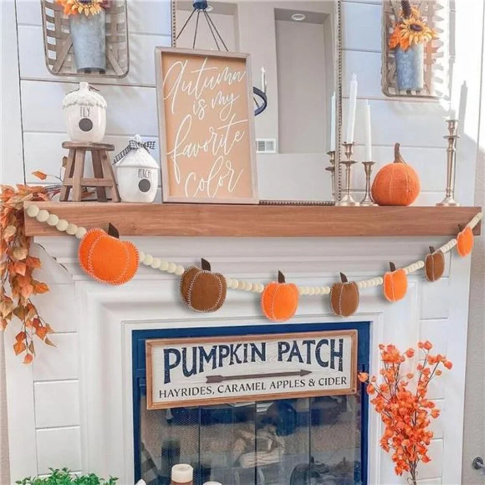 Fall Decorations for Home, Felt Pumpkin Garland and Wood Bead for Fall Indoor